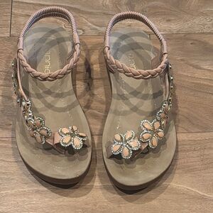 Annie Tan Sandals with Comfort Footbed and Floral Details